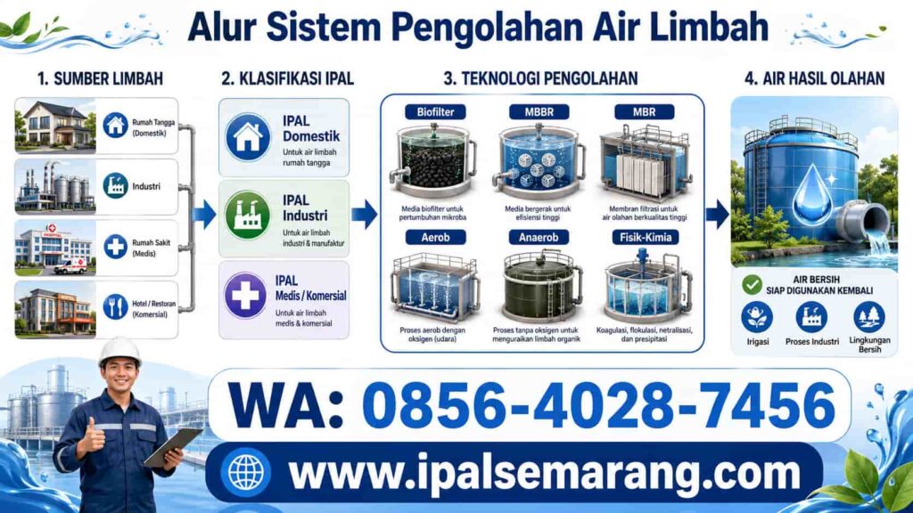 Diagram jenis IPAL dan teknologi pengolahan air limbah seperti biofilter, MBBR, dan MBR