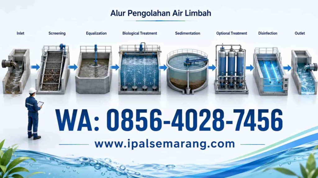 Diagram cara kerja IPAL dari inlet hingga outlet air hasil pengolahan