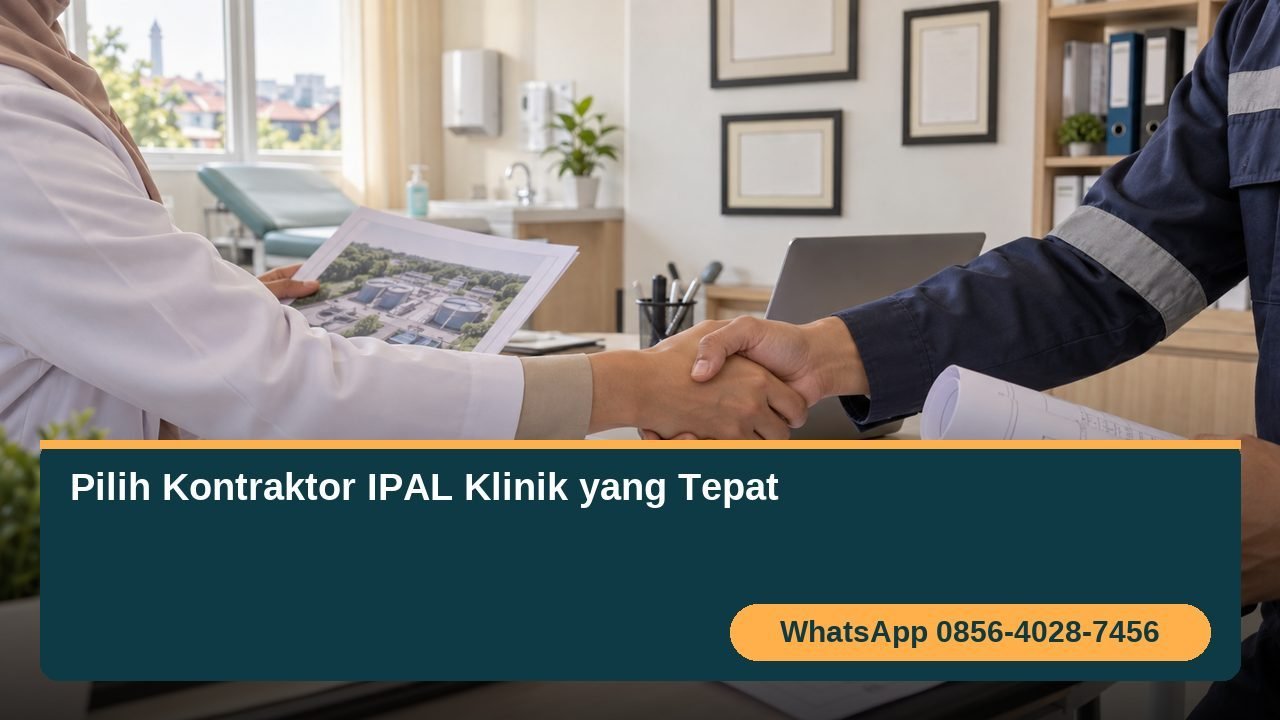 Kontraktor IPAL klinik sedang berdiskusi dengan pemilik klinik di Semarang, menunjukkan dokumen portofolio dan sertifikat