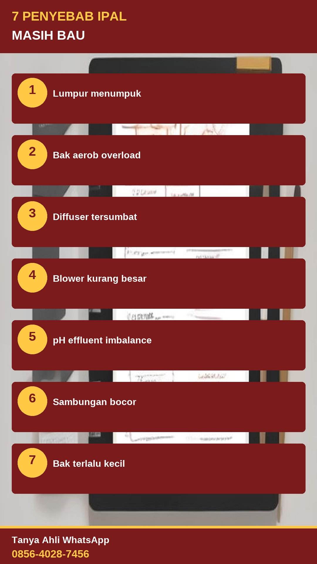 Infografis 7 penyebab IPAL masih bau: lumpur menumpuk, bak aerob overload, diffuser tersumbat, blower kurang besar, pH effluent imbalance, sambungan bocor, bak terlalu kecil