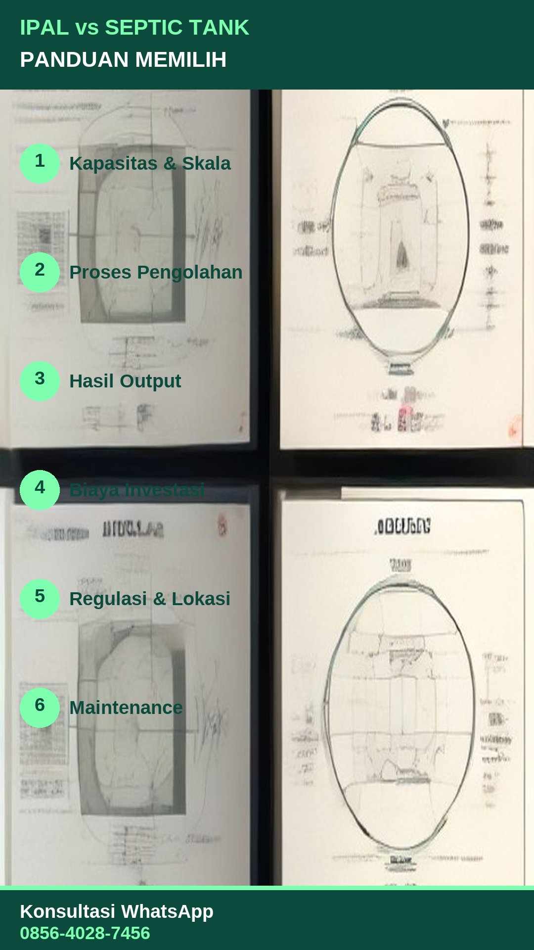 Infografis 6 kriteria perbedaan IPAL vs septic tank: kapasitas, proses, output, biaya, regulasi, maintenance