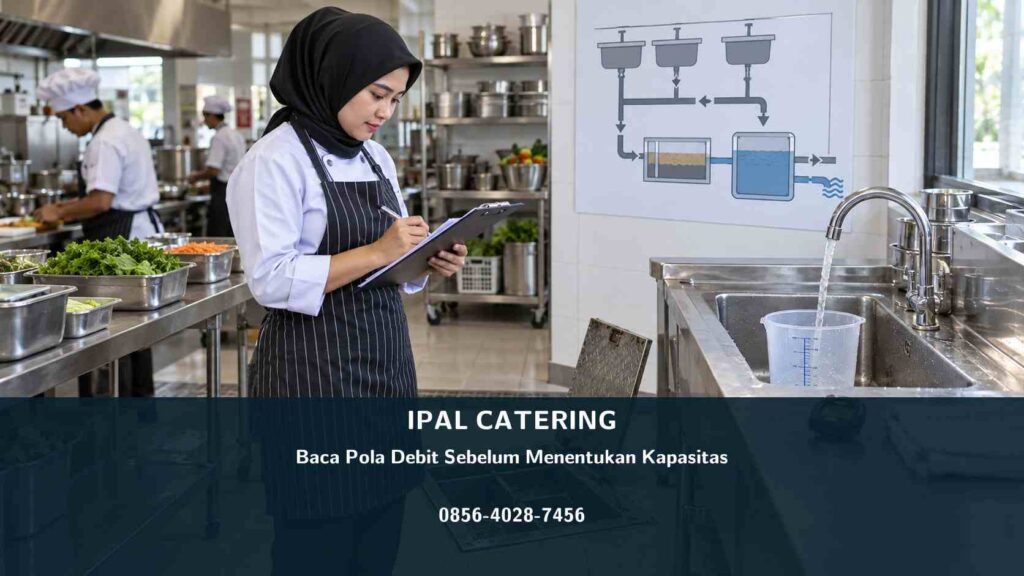 Pengelola dapur catering memeriksa aliran air limbah dan jadwal produksi sebelum menentukan kapasitas IPAL